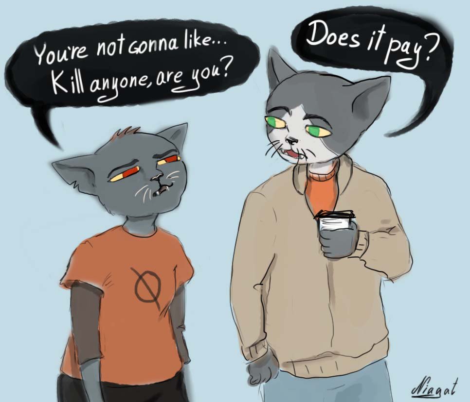2017 anthro black_fur cat clothed clothing cup danny_(nitw) dialogue english_text fangs feline female fully_clothed fur green_irises holding_object humor jacket mae_(nitw) male mammal niagat189_(artist) night_in_the_woods red_irises shirt sketch sweater text undershirt whiskers white_fur