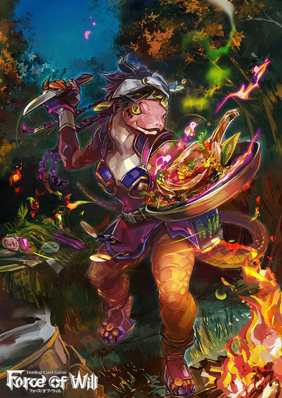 black_hair braid breastplate breasts cleavage copyright_name dragon_tail fire food force_of_will furry knife komamitsu leaf long_hair looking_at_viewer medium_breasts multicolored_hair official_art open_mouth pink_hair sandals sky solo tail tattoo tree two-tone_hair yellow_eyes