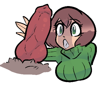 aliasing alpha_channel animal_genitalia animal_penis breasts brown_fur brown_hair canine_penis clothing disembodied_penis drooling duo eyelashes female fur green_eyes hair human human_focus interspecies jam_(artist) knot male male/female mammal open_mouth penis saliva sweater turtleneck_sweater wide_eyed