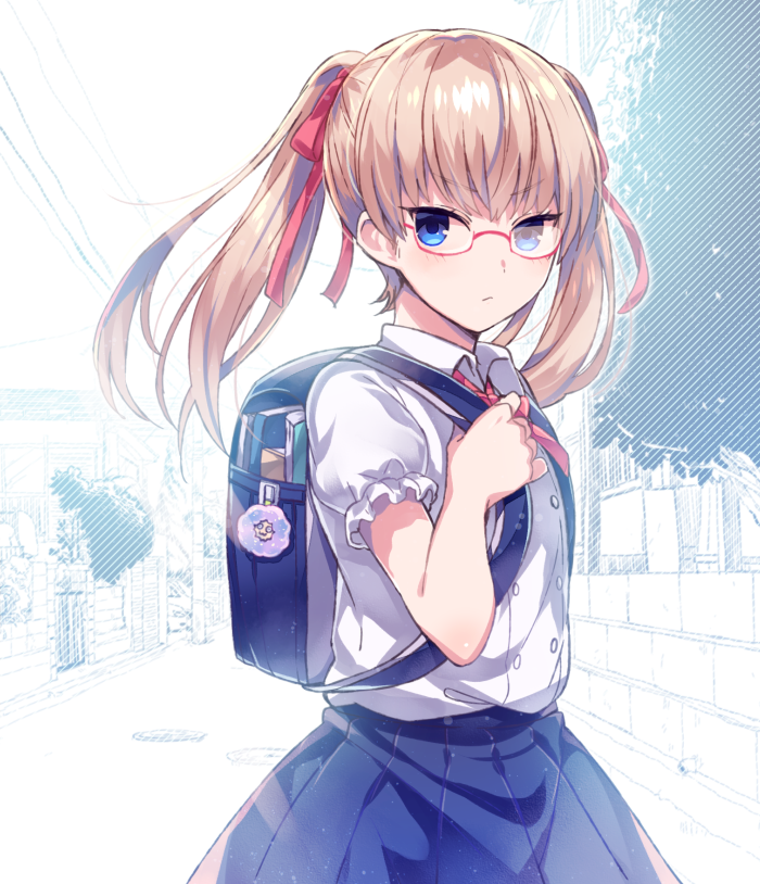 backpack bag blue_eyes brown_hair commentary_request frilled_sleeves frills glasses hair_ornament hair_ribbon looking_at_viewer moe_on_drop original randoseru ribbon school_uniform short_sleeves skirt solo twintails