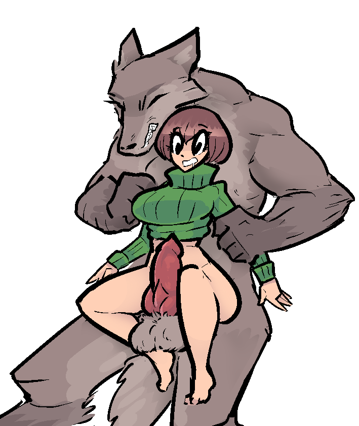 aliasing alpha_channel animal_genitalia animal_penis anthro arm_grab balls big_breasts bottomless breasts brown_fur brown_hair canine canine_penis clothed clothing digitigrade drooling eyes_closed female fur hair human human_on_anthro interspecies jam_(artist) knot larger_anthro larger_male male mammal nude penis saliva sharp_teeth size_difference smaller_female smaller_human sweater teeth turtleneck_sweater were werewolf wide_hips wolf