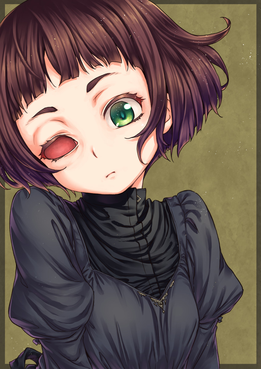 bangs black_dress blunt_bangs border broiler brown_hair closed_mouth commentary dress eye_socket green_background green_eyes head_tilt highres long_sleeves looking_at_viewer one-eyed original puffy_long_sleeves puffy_sleeves short_hair solo thick_eyebrows upper_body