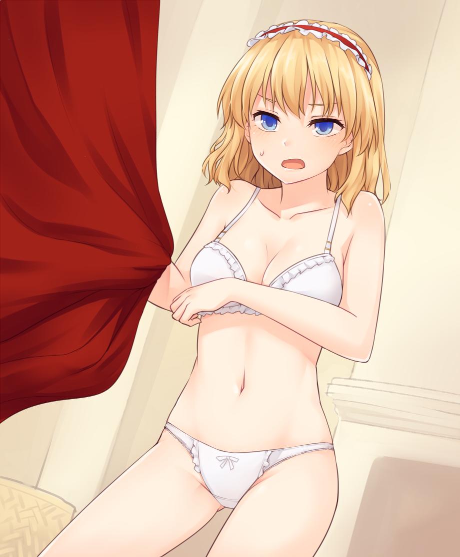 1girl alice_margatroid bare_arms bare_shoulders blonde_hair blue_eyes blush bow bow_panties bra breasts cleavage collarbone commentary_request covering covering_breasts cowboy_shot curtains dutch_angle frilled_bra frilled_hairband frills gluteal_fold groin hairband indoors lolita_hairband looking_at_viewer medium_breasts miyo_(ranthath) navel open_mouth panties red_hairband short_hair solo standing stomach sweat thighs touhou underwear underwear_only white_bra white_panties