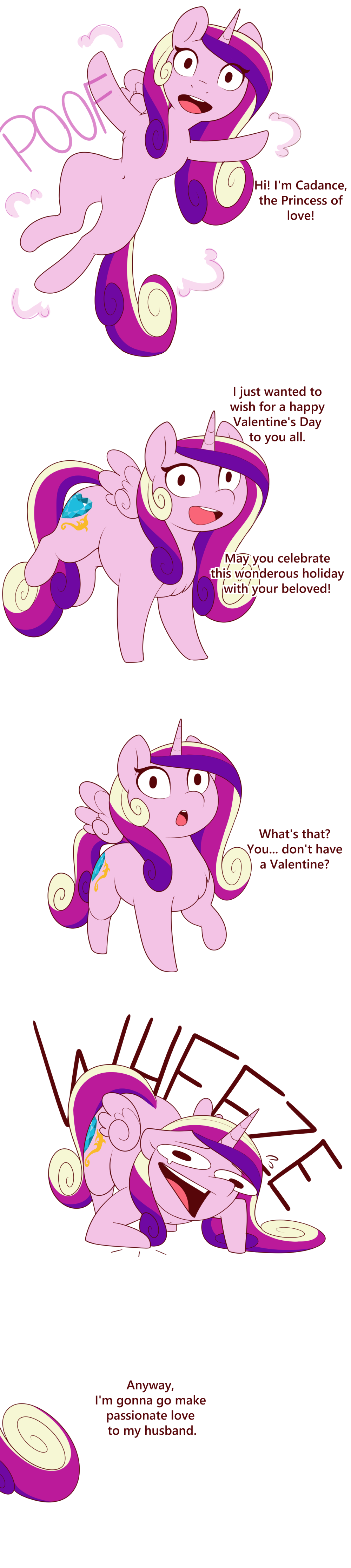 2019 absurd_res comic cutie_mark dialogue digital_media_(artwork) english_text equine evehly female friendship_is_magic hair hi_res horn laugh looking_at_viewer mammal multicolored_hair multicolored_tail my_little_pony open_mouth princess_cadance_(mlp) simple_background solo text white_background winged_unicorn wings