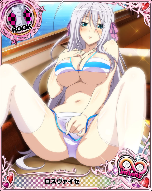 1girl antenna_hair aqua_eyes bikini blush breasts card_(medium) character_name chess_piece day hair_ribbon high_school_dxd high_school_dxd_infinity jewelry large_breasts long_hair looking_at_viewer microskirt official_art parted_lips pendant ribbon rook_(chess) rossweisse silver_hair sitting skirt solo spread_legs swimsuit thighhighs trading_card underboob very_long_hair water white_bikini white_legwear