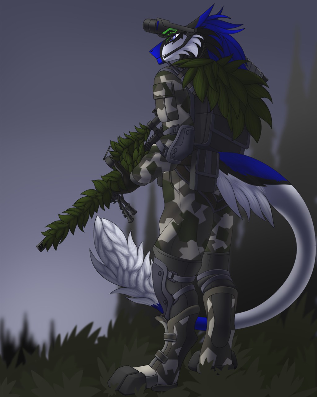 2019 blue_eyes blue_fur cltohed detailed_background digital_media_(artwork) fur male sergal sniper solo standing tales_foxdale