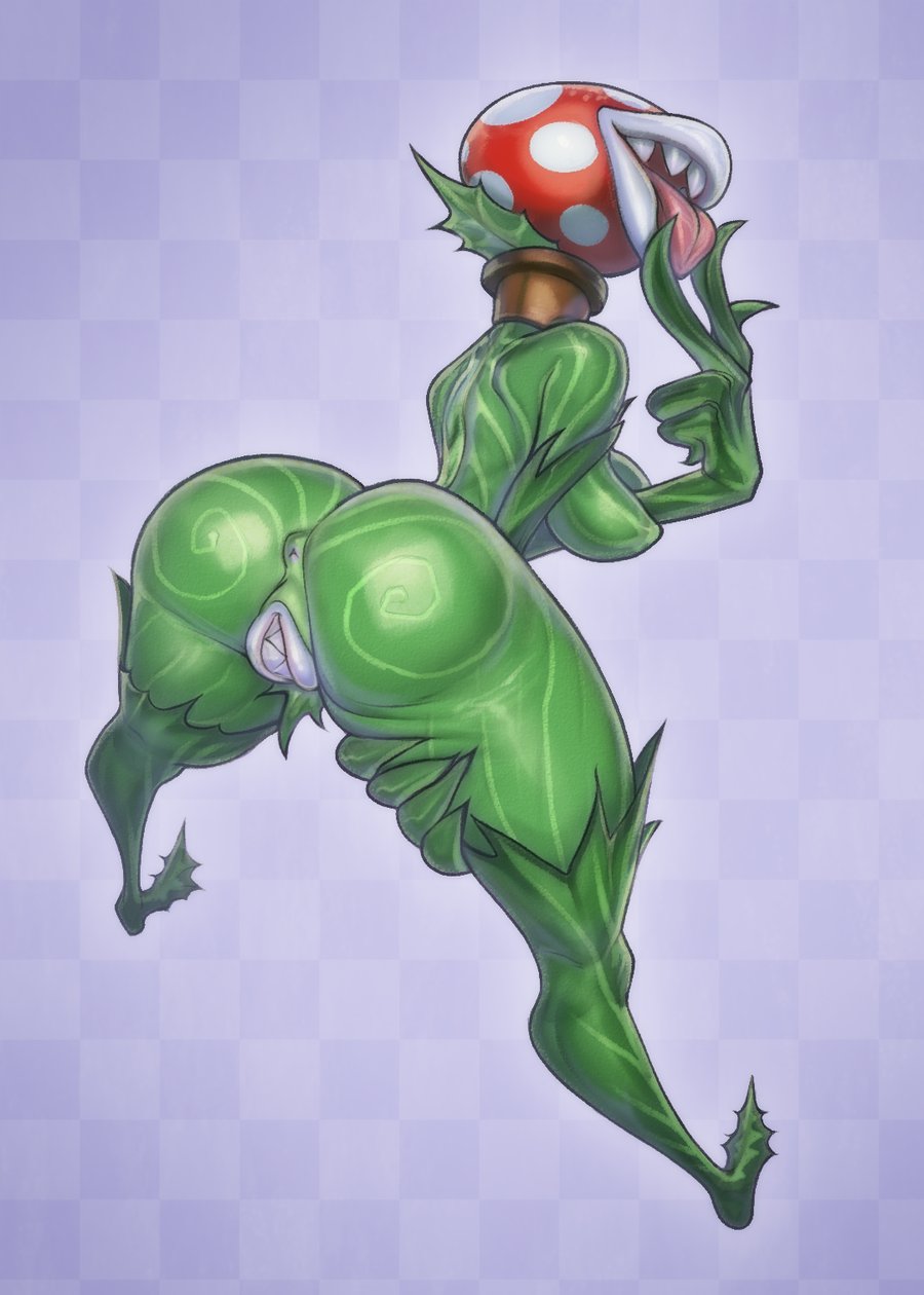 2019 anus areola big_butt big_lips breasts butt checkered_background derek_hetrick fangs featureless_feet female flora_fauna humanoid leaf leg_grab lips mario_bros nintendo open_mouth pattern_background piranha_plant plant pussy rear_view sharp_teeth simple_background solo suggestive suggestive_gesture teeth tongue tongue_out video_games