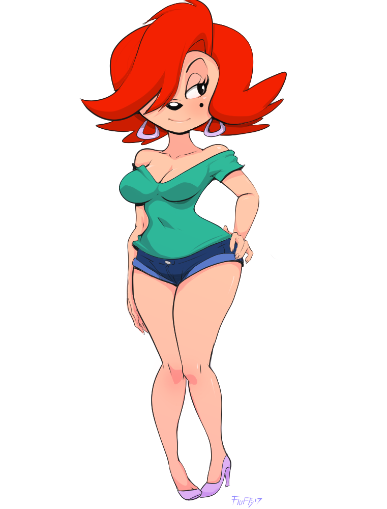 anthro beauty_mark canine clothed clothing disney ear_piercing female fluffy_(artist) fusion goof_troop hair mammal mature_female peg_pete piercing red_hair roxanne_(goof_troop) simple_background solo white_background