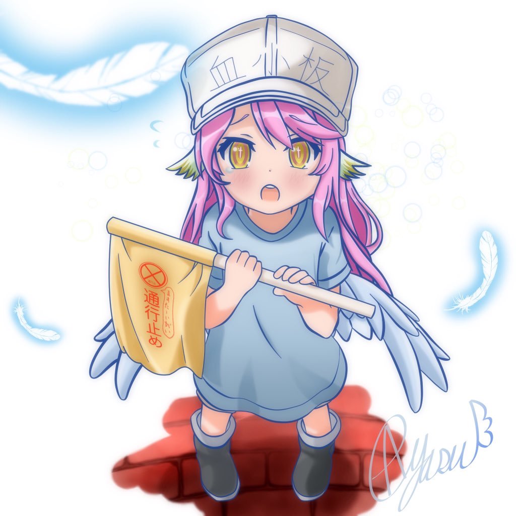 1girl angel_wings artist_request blue_shirt blush boots cosplay cross feathered_wings feathers flag flat_cap hat hataraku_saibou holding holding_flag jibril_(no_game_no_life) long_hair looking_at_viewer low_wings multicolored multicolored_eyes no_game_no_life open_mouth orange_eyes pink_hair platelet_(hataraku_saibou) platelet_(hataraku_saibou)_(cosplay) shirt short_sleeves shorts solo source_request standing symbol-shaped_pupils white_hat wing_ears wings yellow_eyes younger