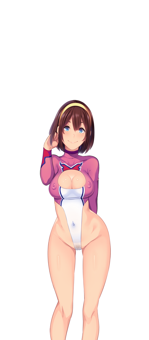 1girl adjusting_hair bare_legs blue_eyes blush breasts brown_hair butcha-u cleavage cleavage_cutout covered_navel erect_nipples game_cg hairband kenzen!_hentai_seikatsu_no_susume large_breasts legs leotard looking_at_viewer maezono_chinami mound_of_venus navel original pubic_hair see-through short_hair simple_background smile solo standing thighs transparent_background