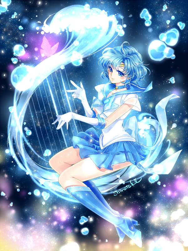 bishoujo_senshi_sailor_moon blue_bow blue_eyes blue_footwear blue_hair blue_neckwear blue_sailor_collar blue_skirt boots bow brooch bug butterfly circlet closed_mouth elbow_gloves full_body gloves harp insect instrument jewelry knee_boots looking_at_viewer magical_girl mercury_harp mizuno_ami music playing_instrument pleated_skirt sailor_collar sailor_mercury sailor_senshi_uniform shirataki_kaiseki short_hair signature skirt smile solo super_sailor_mercury water white_gloves
