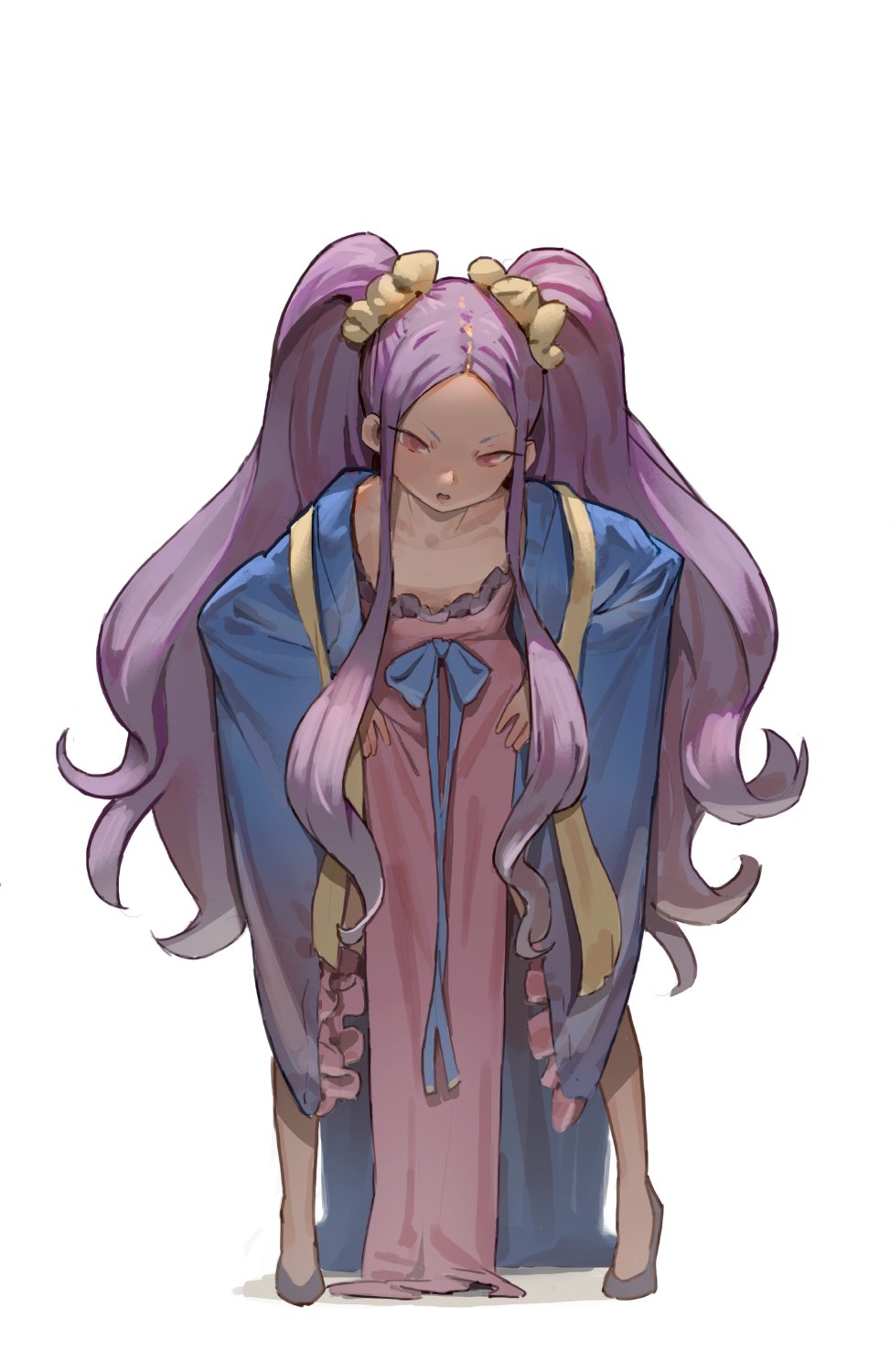 bow chinese_clothes collarbone fate/grand_order fate_(series) hands_on_hips hanfu high_heels highres leaning_forward long_hair long_sleeves pelvic_curtain purple_eyes purple_hair robe sash shawl standing tim_loechner tiptoes twintails very_long_hair wide_sleeves wu_zetian_(fate/grand_order)