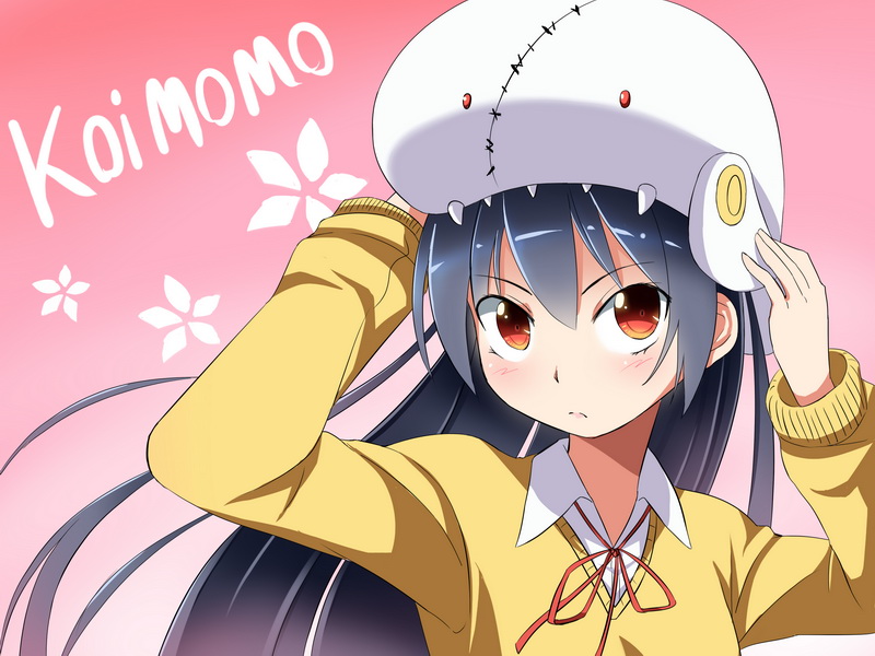 adjusting_clothes adjusting_hat blush character_request copyright_name gradient gradient_background hat khnchak koimomo long_hair looking_at_viewer pink_background red_eyes school_uniform solo
