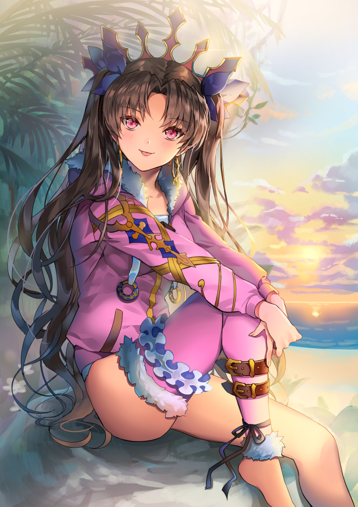 :p bad_id bad_pixiv_id bangs barefoot black_hair day earrings ells fate/grand_order fate_(series) fur_trim hoop_earrings ishtar_(fate/grand_order) ishtar_(swimsuit_rider)_(fate) jacket jewelry leg_garter long_hair long_legs looking_at_viewer ocean one-piece_swimsuit outdoors parted_bangs pink_jacket red_eyes shin_strap single_thighhigh sitting smile solo sun sunset swimsuit thighhighs tongue tongue_out two_side_up very_long_hair wavy_hair white_swimsuit