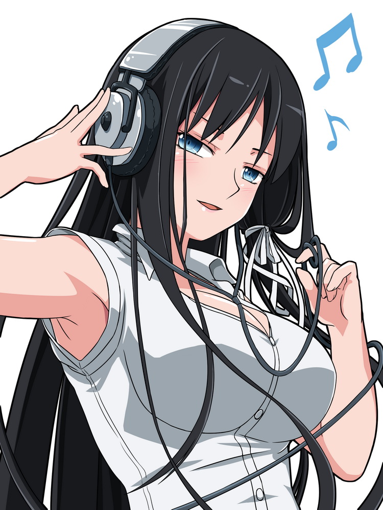 :d armpits beamed_eighth_notes black_hair blue_eyes blush breasts eighth_note hair_ribbon headphones khnchak large_breasts long_hair musical_note open_mouth original ribbon simple_background smile solo white_background white_ribbon