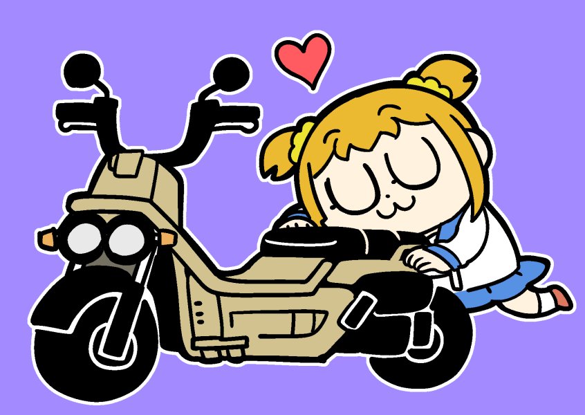 1girl :3 bangs bkub blue_collar blue_skirt brown_footwear commentary eyes_closed ground_vehicle hair_ornament hair_scrunchie heart motor_vehicle motorcycle object_hug orange_hair outline poptepipic popuko purple_background sailor_collar school_uniform scrunchie serafuku shirt shoes short_hair short_twintails sidelocks simple_background skirt solo twintails white_outline white_shirt yellow_scrunchie