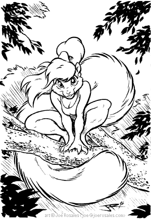 1998 anthro black_and_white breasts cleavage clothed clothing female hair joe_rosales mammal monochrome outside rodent solo squirrel tree wood