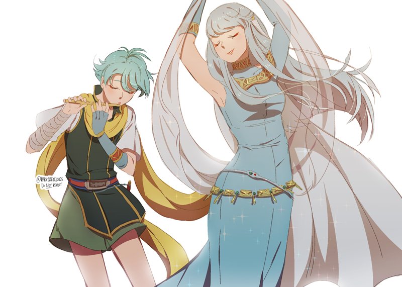 1girl bare_shoulders blue_hair brother_and_sister cape closed_eyes dancing darkgreyclouds dress fire_emblem fire_emblem:_rekka_no_ken flute hair_ornament instrument long_hair mamkute nils ninian short_hair siblings smile white_background