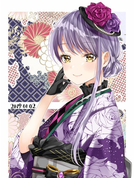 1girl bang_dream! bangs black_gloves black_hat blush commentary_request dated floral_background floral_print flower gloves hair_bun hair_up hand_on_own_face hat hat_flower ito22oji japanese_clothes kimono lavender_hair looking_at_viewer minato_yukina obi purple_flower purple_hair purple_kimono sash sidelocks smile solo upper_body yellow_eyes