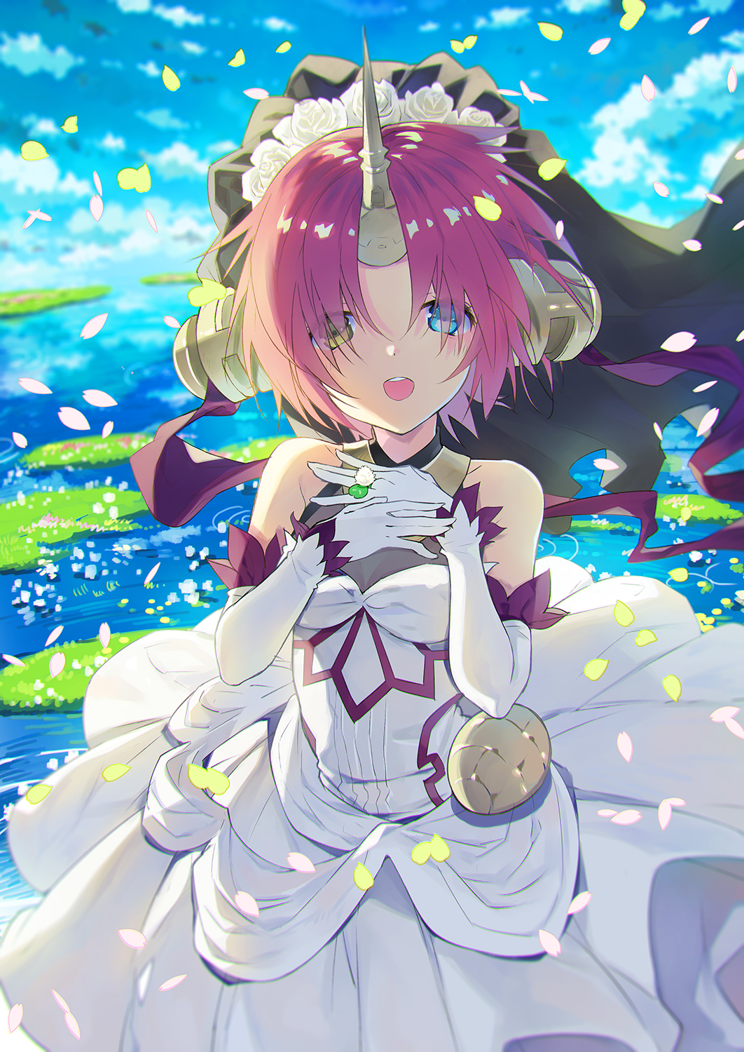 :d bangs blue_eyes commentary_request cowboy_shot day dress elbow_gloves fate/apocrypha fate_(series) frankenstein's_monster_(fate) gloves green_eyes hands_on_own_chest hands_up heterochromia highres horn looking_at_viewer open_mouth outdoors parted_bangs petals purple_hair rugo short_hair smile solo veil white_dress white_gloves