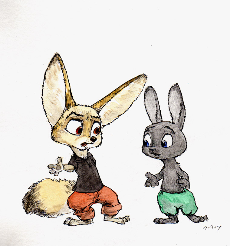 2017 amber_eyes anthro black_fur blue_eyes canine clothing cub disney duo fennec finnick fox fur lagomorph long_ears male mammal open_mouth rabbit shorts simple_background steve_gallacci tan_fur young zootopia