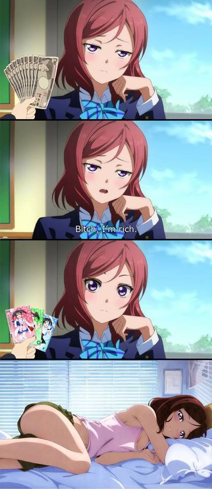 10s 1girl bed blush breasts card_(medium) cleavage cloud comic funny half-closed_eyes humor looking_at_viewer love_live! love_live!_school_idol_festival love_live!_school_idol_project lying money nishikino_maki no_bra on_bed on_side open_mouth parted_lips pillow purple_eyes red_hair school_uniform short_hair shorts sky solo_focus subtitled tank_top window yazawa_nico