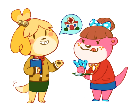 animal_crossing anthro beady_eyes bell blush bow brown_hair canine clothing cute dog duo female freckles fur hair isabelle_(animal_crossing) looking_at_viewer lottie_(animal_crossing) mammal mustelid nintendo otter pawpads pencil_(disambiguation) pink_fur shirt skirt smile somik standing teeth tongue tongue_out video_games writing_(disambiguation) yellow_fur