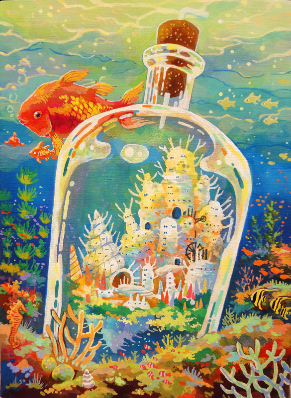bottle city commentary_request coral coral_reef door fantasy fish goldfish kemi_neko no_humans ocean original outdoors seahorse seashell shell traditional_media underwater