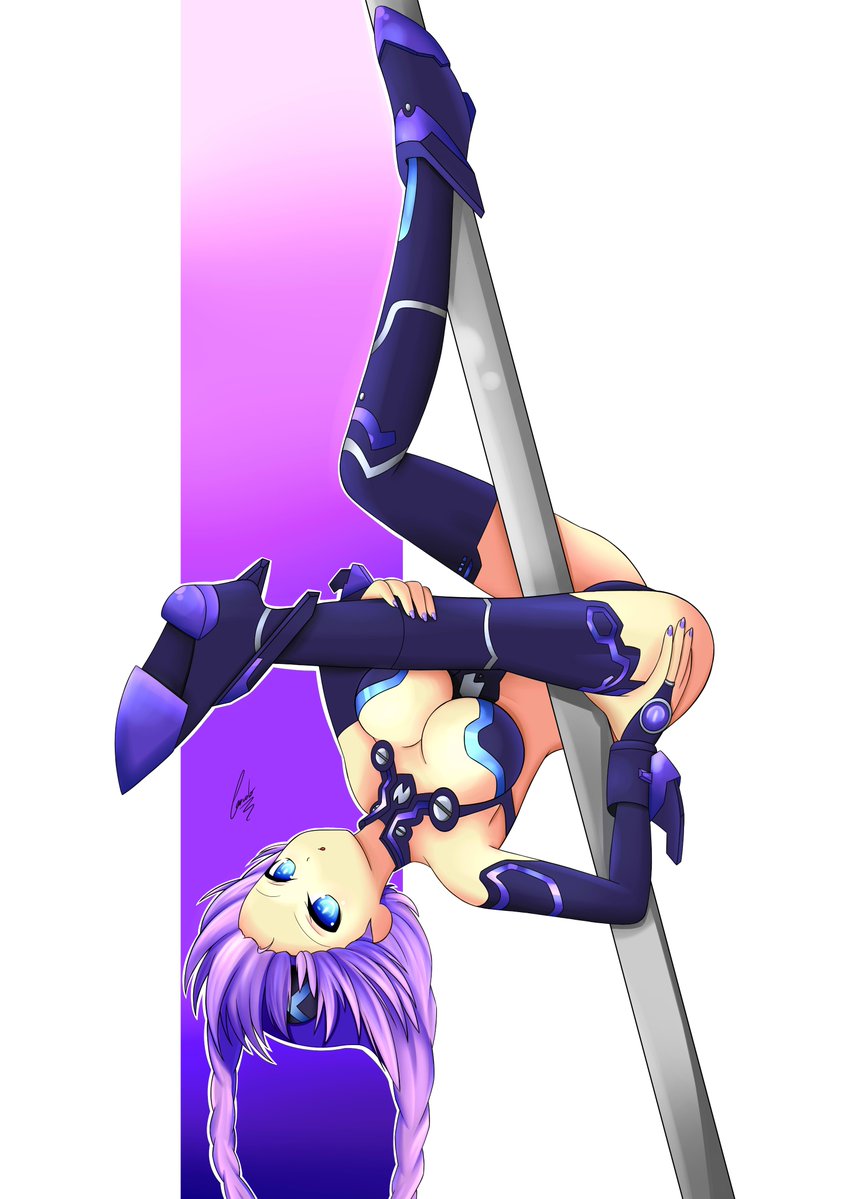 bad_id bad_pixiv_id blue_eyes borrowed_design braid bridal_gauntlets cundodeviant elbow_gloves gloves looking_at_viewer neptune_(series) pole_dancing purple_hair purple_heart revealing_clothes shoes thighhighs twin_braids upside-down