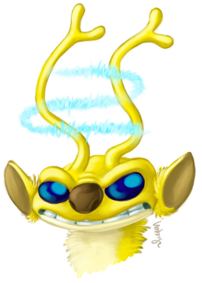 2013 alien angry antennae blue_eyes brown_nose clenched_teeth digital_media_(artwork) digital_painting_(artwork) disney electricity experiment_(species) fluffy fur headshot_portrait lilo_and_stitch looking_at_viewer metallicumbrage portrait signature simple_background solo sparky_(lilo_and_stitch) speedpaint teeth white_background yellow_fur