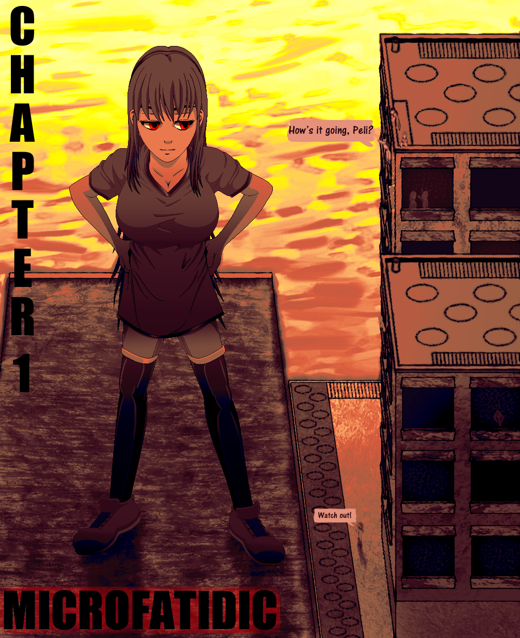 1girl 2d boots breasts buildings cury dialog female full_body giantess hairband hands_on_hips inchling large_breasts leggings legs_apart long_hair peli_vallus pose red_eyes red_hair red_shirt saffireprowler short_shorts shorts size_difference small_man standing taut_clothes taut_shirt
