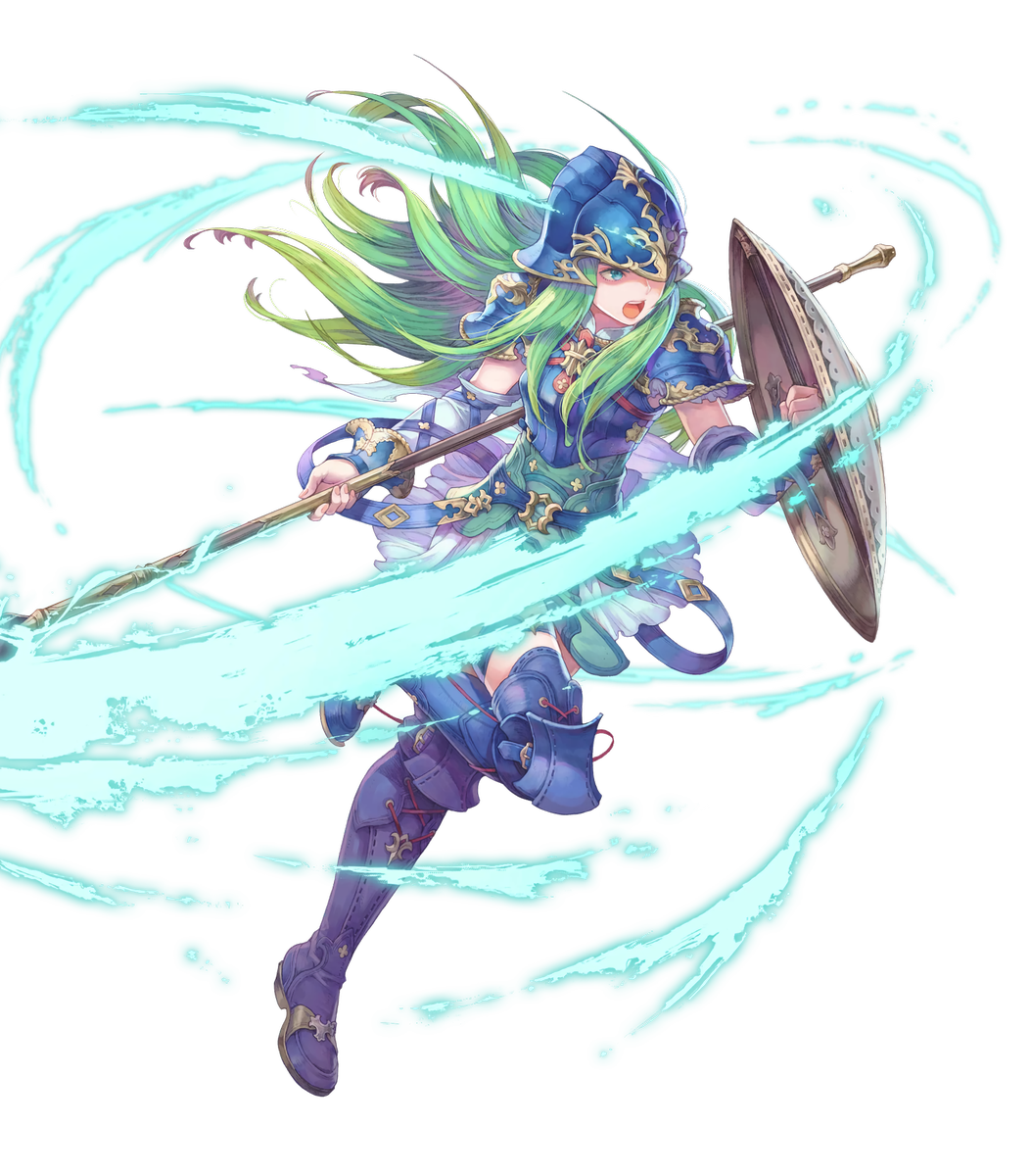 armor bad_source belt blue_armor blue_eyes boots breastplate detached_sleeves fire_emblem fire_emblem:_souen_no_kiseki fire_emblem_heroes full_body green_hair haccan helmet highres holding holding_weapon knee_boots leg_up long_hair looking_at_viewer nephenee official_art open_mouth polearm shield skirt solo spear thighhighs transparent_background weapon