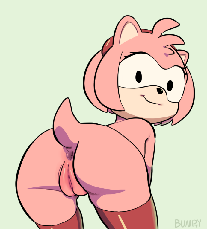 amy_rose anthro anus bent_over bumpty_(artist) butt clothing eyelashes female hair hairband hedgehog legwear looking_at_viewer looking_back mammal presenting pussy simple_background smile solo sonic_(series) stockings