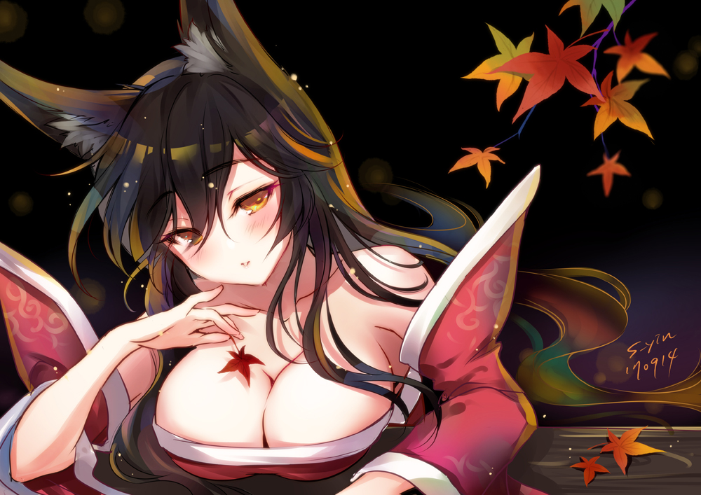 ahri animal_ears artist_name autumn_leaves bare_shoulders black_hair blush breasts cleavage dated detached_sleeves fox_ears holding holding_leaf korean_clothes large_breasts leaf league_of_legends lips long_hair looking_at_viewer maple_leaf parted_lips s-yin slit_pupils solo upper_body yellow_eyes