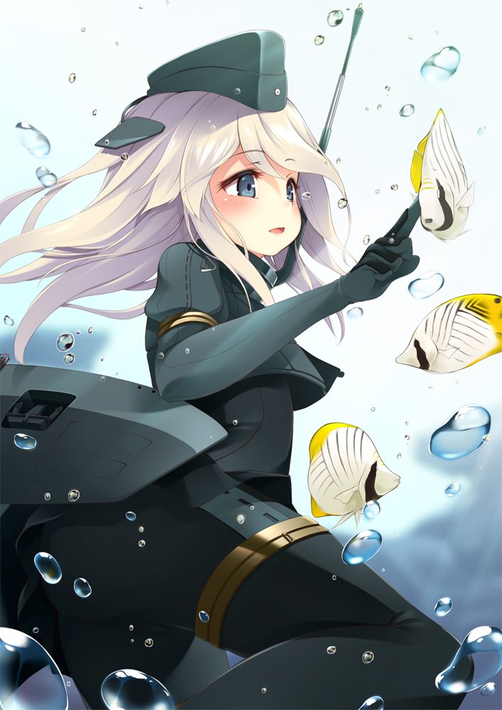 ass blonde_hair blue_eyes cropped_jacket fish garrison_cap hat kantai_collection long_hair military military_uniform mofu_namako u-511_(kantai_collection) underwater uniform