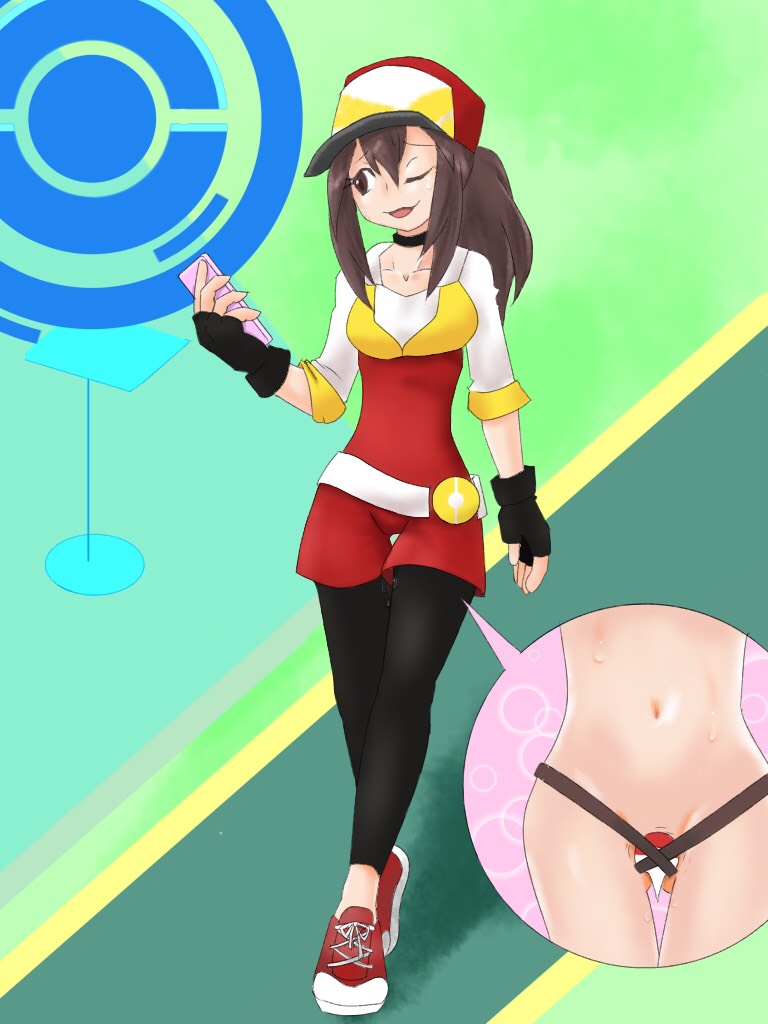 1girl artist_request belt black_gloves black_legwear breasts brown_hair cellphone choker collarbone discreet_vibrator eyebrows_visible_through_hair female_protagonist_(pokemon_go) fingerless_gloves full_body gameplay_mechanics gloves green_background hand_up hat jpeg_artifacts long_sleeves looking_to_the_side medium_breasts multiple_views navel one_eye_closed open_mouth pantyhose phone pokemon pokemon_go ponytail pussy_juice red_hat red_shirt red_shoes red_shorts shirt shoes shorts simple_background smile solo sweat thigh_gap tied_hair vibrator vibrator_under_clothes walking white_shirt