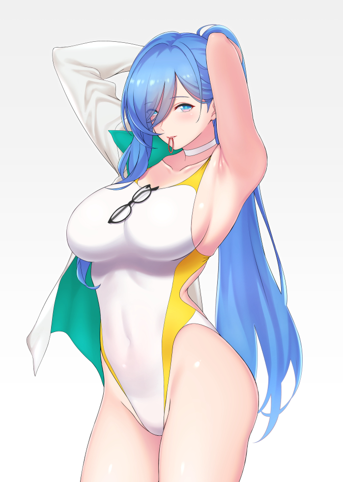 1girl armpits blue_eyes blue_hair breasts competition_swimsuit eyewear_removed highleg highleg_swimsuit jacket large_breasts lintanghaseo long_hair mouth_hold one-piece_swimsuit original ponytail sideboob simple_background solo swimsuit undressing very_long_hair