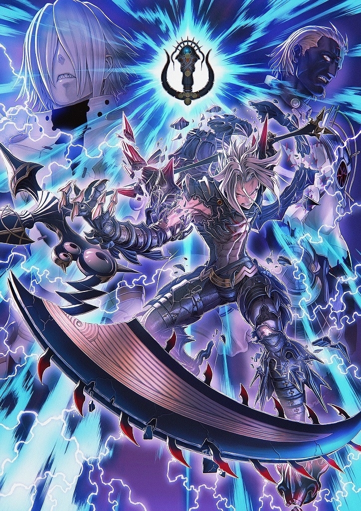 .hack//g.u. .hack//g.u._last_recode 4boys abs angry armor azure_balmung azure_kite azure_orca broken_armor electricity gauntlets haseo_(.hack//) looking_at_viewer multiple_boys official_art scythe spiked_hair tattoo torn_clothes weapon