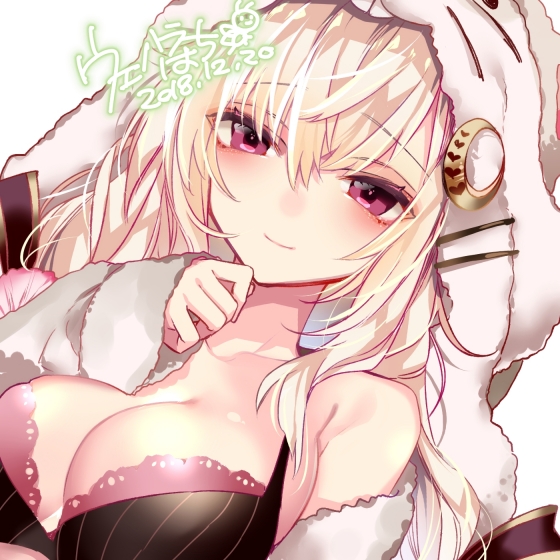 1girl black_bra blonde_hair blush bra breasts cleavage close-up closed_mouth crescent crescent_hair_ornament dated eyebrows_visible_through_hair face flower_knight_girl hair_ornament hood large_breasts long_hair looking_at_viewer oenothera_(flower_knight_girl) purple_eyes raised_eyebrows signature simple_background smile solo uehara_(higanbachi) underwear white_background
