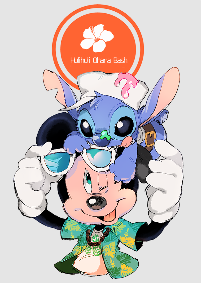 2017 4_fingers alien anthro belt black_claws black_eyes black_nose blue_fur blue_nose claws clothing disney duo experiment_(species) eyewear food fruit fur grey_background happy hat hawaiian_shirt head_tuft hibiscus jewelry lilo_and_stitch mammal mickey_mouse mouse muco_(artist) necklace notched_ear on_head one_eye_closed open_mouth open_smile paint_daub pineapple rodent round_ears shirt silly simple_background smile stitch sunglasses t-shirt teal_eyes text tongue tongue_out tuft white_gloves