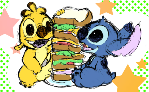 2011 3_toes abstract_background alien antennae back_markings blue_eyes blue_fur blue_nose brown_eyes brown_nose buckteeth butter_knife chest_tuft colored_sketch cute dagwood_sandwich dipstick_antennae disney duo experiment_(species) food fur gold_fur happy head_tuft lilo_and_stitch low_res markings notched_ear open_mouth open_smile plate purple_mouth purple_tongue reuben saki_(pixiv_1507375) sandwich_(food) sitting small_tail smile standing star stitch teeth toes tuft