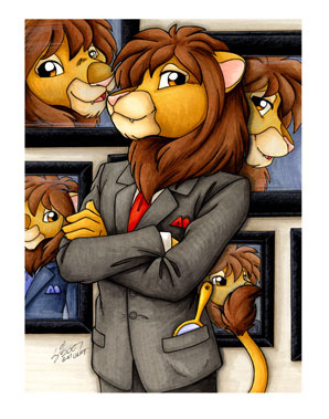 2007 anthro brown_eyes brown_hair clothed clothing feline hair hand_mirror lion male mammal michele_light necktie photo seven_deadly_sins solo suit
