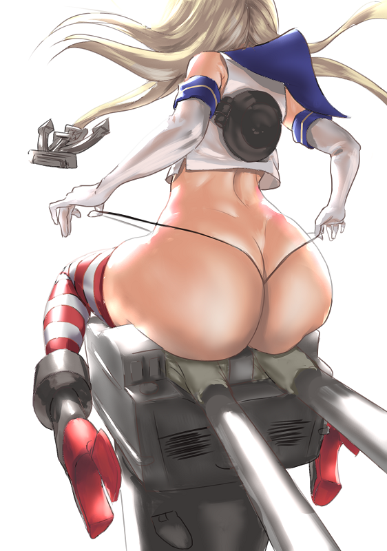 :3 anchor ass bare_shoulders black_panties blonde_hair commentary_request crop_top elbow_gloves facing_away from_behind g-string gloves hairband high_heels highleg kantai_collection long_hair panties panty_pull rensouhou-chan sailor_collar shimakaze_(kantai_collection) simple_background sitting solo strap_gap striped striped_legwear thighhighs thong tomiokasena underwear white_background white_gloves
