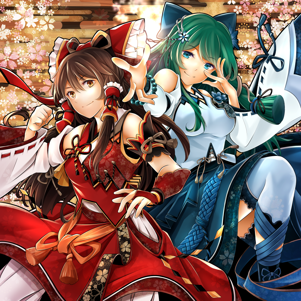 2girls adapted_costume arkatopia bead_bracelet beads blue_eyes bow bracelet bridal_gauntlets brown_eyes brown_hair cherry_blossoms clenched_hand green_hair hair_bow hair_ornament hair_tubes hakurei_reimu jewelry kochiya_sanae long_hair looking_at_viewer multiple_girls outstretched_hand sidelocks skirt skirt_set smile thighhighs touhou