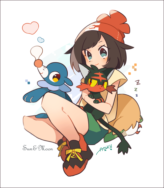 1girl animal_ears arm_up artist_name auko beanie bird black_hair blue_eyes blush bubble cat cat_ears cat_tail english feet from_behind full_body green_shorts hand_up hat heart heart-shaped_pupils litten looking_back looking_to_the_side mizuki_(pokemon_sm) paws pokemon pokemon_(creature) pokemon_sm popplio red_eyes red_hat red_shoes rowlet shirt shoes short_hair short_sleeves shorts signature simple_background sitting smile symbol-shaped_pupils tail text white_background yellow_sclera yellow_shirt zzz