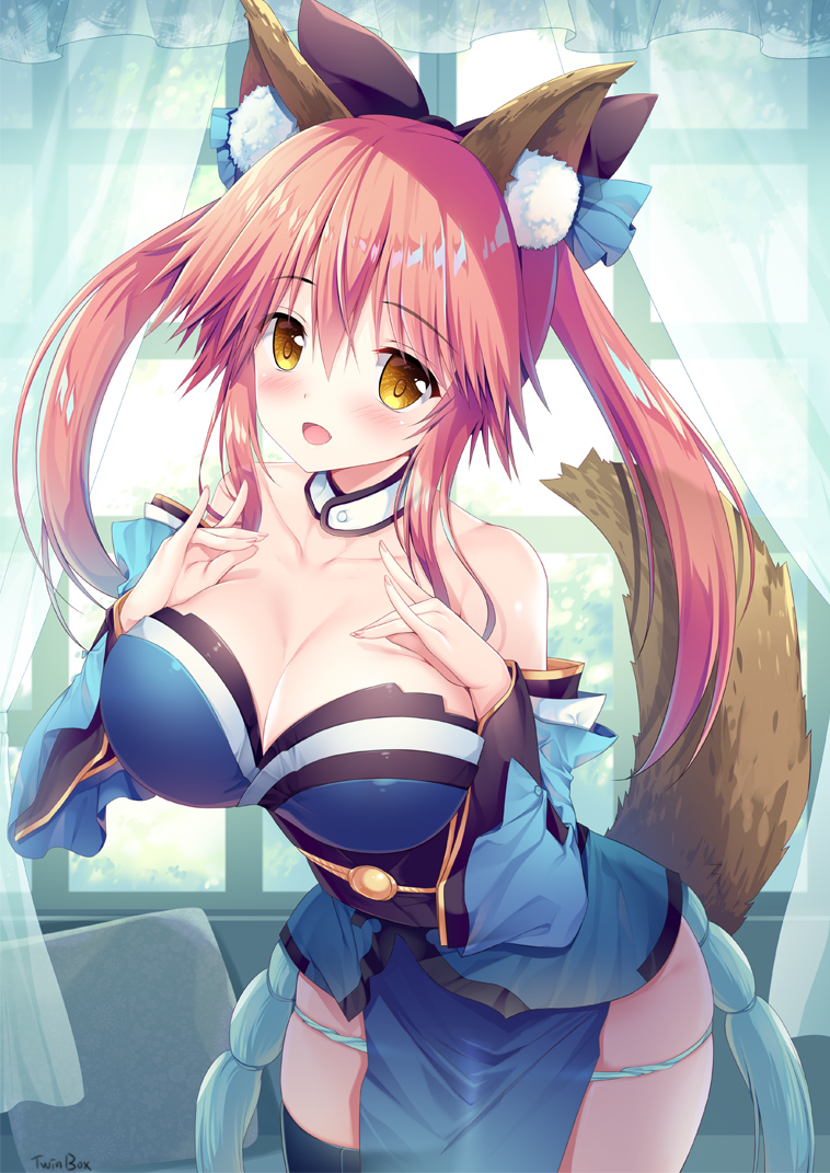 animal_ears aqua_panties bangs black_bow black_legwear blue_kimono blush bow breasts circle_name cleavage curtains day detached_collar eyebrows_visible_through_hair fate/extra fate_(series) fox_ears fox_shadow_puppet green_panties hair_between_eyes hair_bow hands_on_own_chest hands_up indoors japanese_clothes kimono large_breasts leaning_forward long_hair looking_at_viewer open_mouth panties panty_pull pelvic_curtain pink_hair see-through_silhouette short_kimono sidelocks smile solo sousouman tamamo_(fate)_(all) tamamo_no_mae_(fate) tareme thighhighs twintails underwear window yellow_eyes