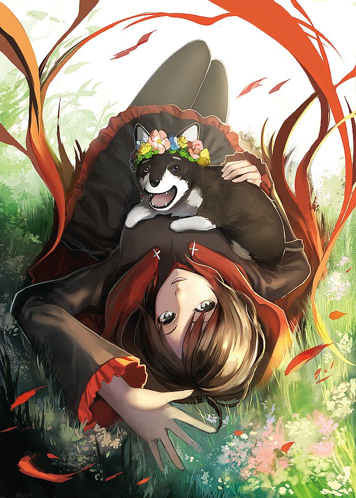 :d ahoge animal black_dress black_legwear brown_hair commentary_request dog dress flower flower_wreath foreshortening frilled_dress frilled_sleeves frills from_behind full_body grass kgr knees_up long_sleeves looking_at_viewer looking_back on_ground open_mouth pantyhose petals petting purple_eyes reaching_out ruby_rose rwby sharp_teeth short_hair silver_eyes sleeves_past_wrists smile solo teeth white_background zwei_(rwby)