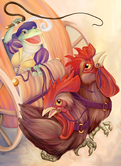amphibian anthro avian bird breasts chicken cleavage clothed clothing coach feathered_wings feathers female feral frog group hat male open_mouth reins simple_background ursula_vernon whip wings yellow_eyes