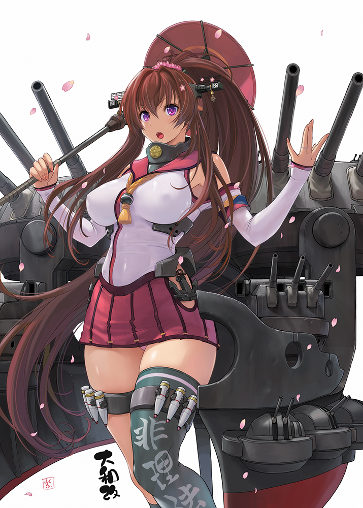 anchor breasts brown_hair cherry_blossoms detached_sleeves feet_out_of_frame hair_between_eyes hair_intakes headgear hip_vent jewelry kantai_collection large_breasts long_hair md5_mismatch miniskirt murasaki_nyaa open_mouth oriental_umbrella panties pantyshot pantyshot_(standing) petals pink_panties pleated_skirt purple_eyes red_skirt remodel_(kantai_collection) rigging ring simple_background single_thighhigh skirt sleeves_past_wrists solo standing thighhighs thighs turret umbrella underwear wedding_band white_background yamato_(kantai_collection) z-flag