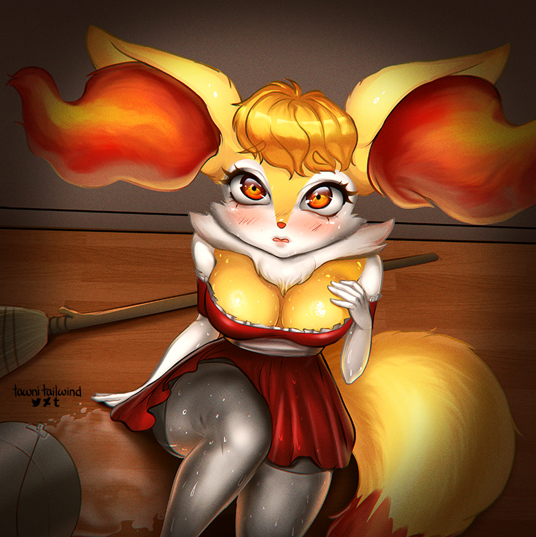 2017 anthro blush braixen breasts digital_media_(artwork) female fluffy fluffy_tail fur hair inner_ear_fluff looking_at_viewer mammal nintendo open_mouth pok&eacute;mon simple_background solo tawni_tailwind video_games wet white_fur yellow_fur